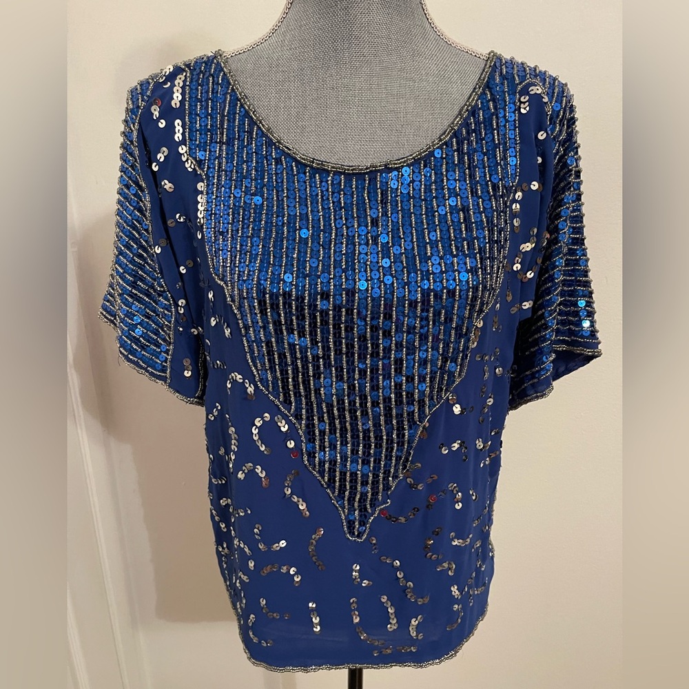 Aryn K Royal Blue Sequin Blouse. Size Large